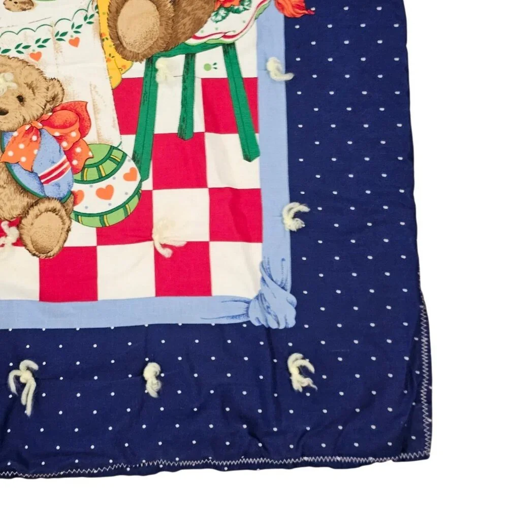 VTG 90s Teddy Bear Baby Quilt Blanket‎ Family Tea Party Blue